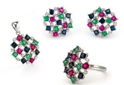14K White Gold Set: Pair of Earrings, Pendant, and Ring