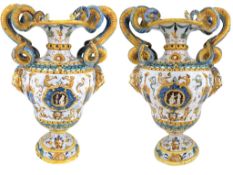 Pair of Maiolica Jars in Polychrome Porcelain, Renaissance Style, Italy, 19th Century