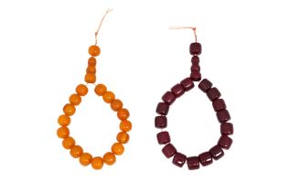 A PAIR OF BUTTERSCOTCH AND CHERRY AMBER-STYLE BEADS PAYER BRACELETS 20th century