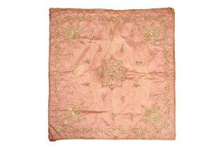 A TURKISH METAL THREAD-EMBROIDERED PINK SATIN SILK COVER Turkey, late 19th - 20th century 