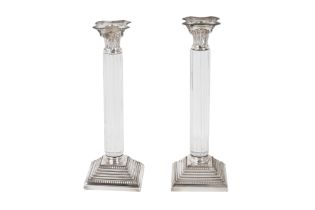 A NEAR PAIR OF VINTAGE NEOCLASSICAL SILVER-PLATED AND GLASS CANDLESTICKS Made by Topazio, Portugal, 