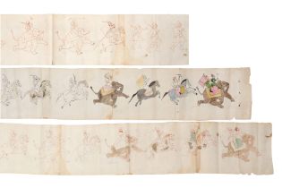 THREE SCROLLS OF TINTED AND PLAIN INK PREPARATORY SKETCHES OF INDIAN RIDERS AND MAHOUTS Rajasthan, N