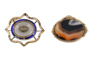 A PAIR OF VICTORIAN AGATE AND ENAMEL BROOCHES Late 19th century