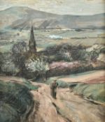 Wolter, Toni (1875-1929), Aquarell Mischtechnik Zeichnung wohl Eifel Landschaft m Wanderer u Dorf