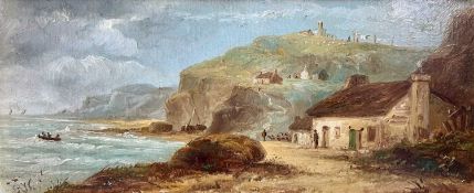 Unleserlich signiert, Ölgemälde maritime Landschaft Küste und Boote, verso Richard Samuel Chattock