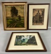 Unleserlich signiert, insgesamt 3 Bilder Ölgemälde, Aquarell und Holzschnitt, wohl Gegend um Kassel