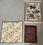 Teppich Konvolut: wohl Ghom Seide Iran Reiter + Badohi Sarough alt Indien + Textilarbeit, ca. 74x59