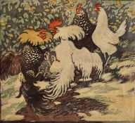 Pottner, Emil (1872-1942), farbiger Holzschnitt um 1919, Hahnenkampf, Freunde Graphischer Kunst
