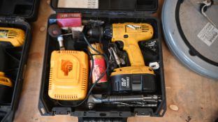 Dewalt cordless drill with 18 volt battery and charger and various drill bits in case