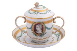 A Champion's Bristol 'classical portraits' chocolate cup, cover and stand with bud finial,