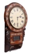 A Regency rosewood and inlaid drop-dial wall clock having an eight-day duration,