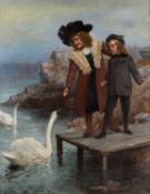 Attributed to Edward Barnes (British, 1830-1890) - Feeding the Swans - Oil on canvas - 69.