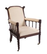 An early Victorian rosewood and upholstered open armchair,