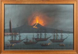 Neapolitan School, 19th Century - Bay of Naples with Vesuvius smoking and erupting - Gouache - 39.