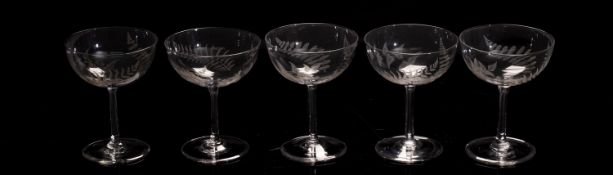 Ten champagne bowls each engraved with fern-like branches, 11.5cm high.