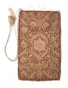 A gold metal thread and sequin embroidered reticule, probably a gaming purse or 'sweete bag',
