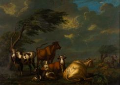 Jan van Gool (Dutch, 1685-1763) - Cows and goats in a stormy landscape - Oil on panel - 30.