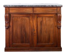 A Victorian mahogany rectangular low side cupboard, with a grey variegated marble top,