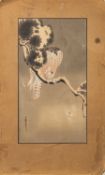 Ohara Kosan [1877-1945] a Japanese woodblock print of a hawk with a captured sparrow in it's claws,