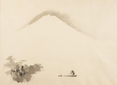 Chinese School - Landscape view with a sailboat and mountain beyond - Ink wash on paper - 40 x 56cm