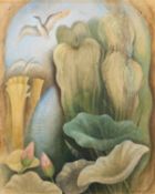 *Phyllis Mary 'Billie' Waters (British, 1896-1979) - Exotic garden with birds in flight - Charcoal,