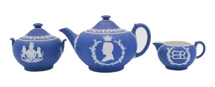 A Wedgwood Edward VIII blue jasper ware commemorative tea set, comprising a teapot and cover,