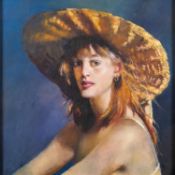 *Robert O. Lenkiewicz (British, 1941-2002) - Girl with Stray Hat - Oil on canvas - 58 x 58cm - 80.