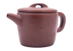 A Chinese Yixing teapot and cover of barrel shaped form,