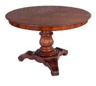 A William IV mahogany breakfast table, circa 1835; the circular flip top and block on a knop-turned,