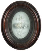 A Champion's Bristol white biscuit porcelain oval plaque applied with a rose bud and spray,