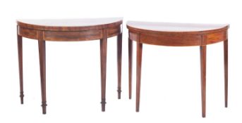 A George III mahogany and inlaid half round card table, crossbanded in kingwood,