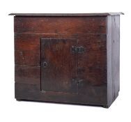 A late 17th Century oak food hutch cupboard, with a rectangular moulded top,