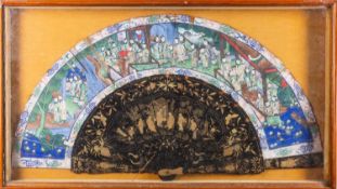 A Chinese Canton painted and decorated lacquer fan,