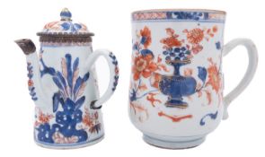 A Chinese Imari baluster tankard and a similar side-handled coffee pot and cover with white-metal