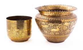 Two Persian/Indian embossed and engraved brass jardinieres, 16 and 26cm.