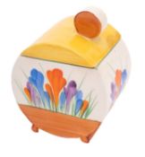A Clarice Cliff Bonjour shape preserve pot and cover, enamelled in the Autumn Crocus pattern,