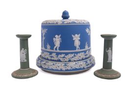 A late 19th century blue and white jasperware cheese dome and stand and a pair of Wedgwood green