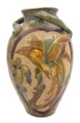 A C H Brannam [Barnstaple] pottery vase of oviform with three asymmetric handles sgraffito