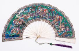 A Chinese Canton painted and carved mother of pearl fan, Qing dynasty, mid 19th century,