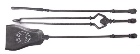 A set of three George III steel fire irons, circa 1800; comprising shovel,