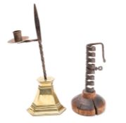 A wrought iron and walnut mounted 'rat de cave' candlestick, late 18th century,