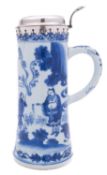 A Chinese silver-mounted blue and white tankard, Transitional of waisted cylindrical form,