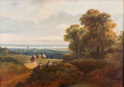 British School, 19th Century - Landscape scene with seated figures and cattle on the road,