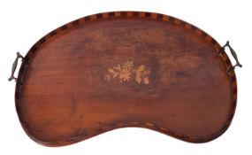 A George III mahogany and later marquetry kidney shaped tray,