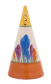 A Clarice Cliff conical sugar sifter, enamelled in the Autumn Crocus pattern, Bizarre backstamp, 14.