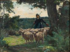 Claude Hayes RI ROI (British, 1852-1922) - Shepherdess with her flock - Oil on board - 23 x 31.