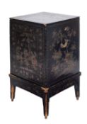 A Chinese export painted, mother-of-pearl inset and lacquered tea chest, probably for retail use,