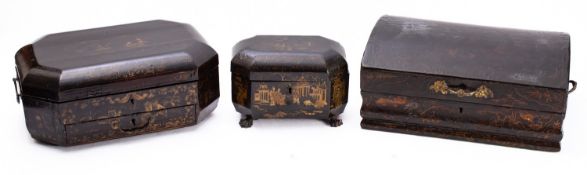 A Chinese Export black and gold lacquer work box, one similar and a similar tea caddy,
