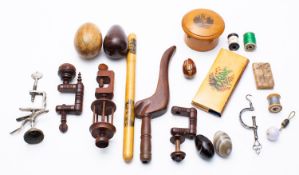 A collection of needlework and sewing accoutrements,