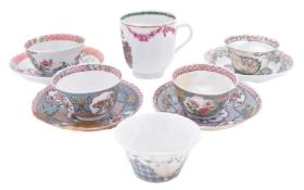 A group of four Chinese famille rose teabowls and saucers together with a single teabowl,